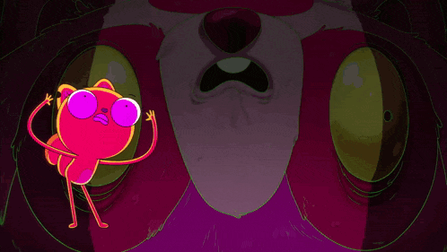 a cartoon character with purple eyes and orange arms stands in front of a purple and pink background