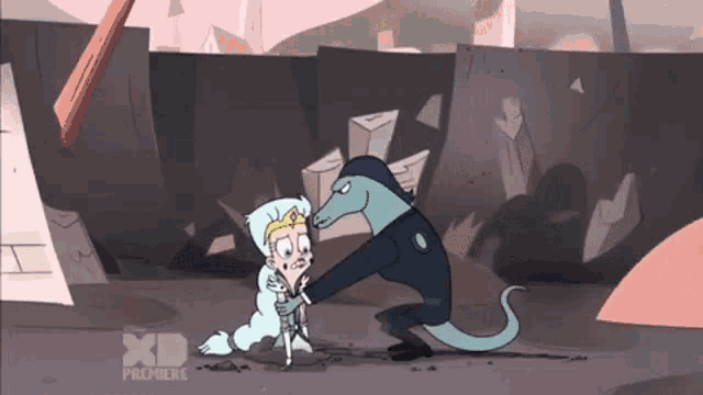 a cartoon of a lizard holding a girl with the xd premiere logo in the background