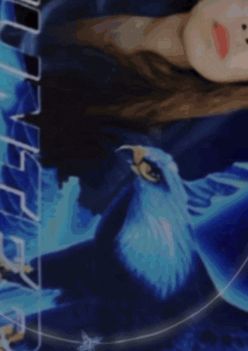 a woman is laying down with a blue bird behind her and the word eagle is visible