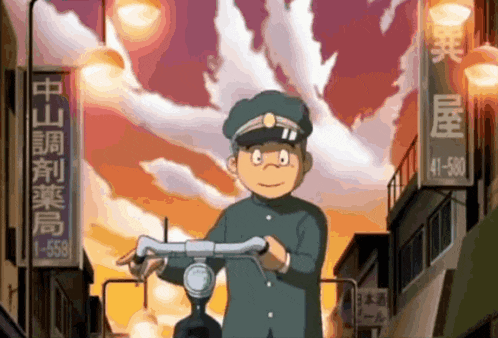 a cartoon character is riding a bike in front of a sign that says 41 580