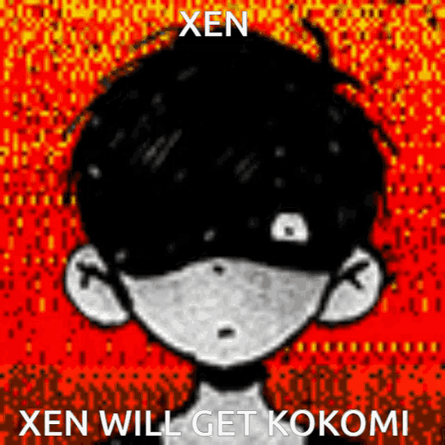 a black and white drawing of a boy with the words xen will get kokomi on the bottom .