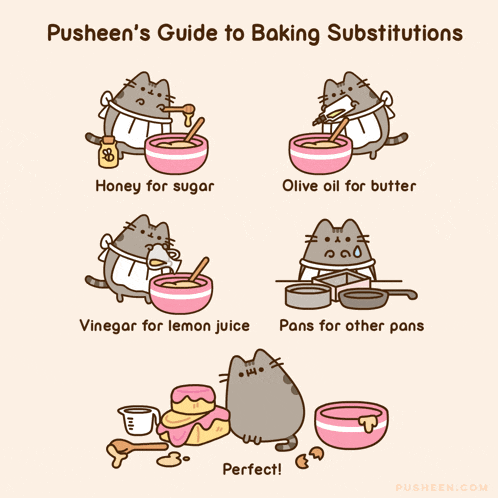 pusheen 's guide to baking substitutions includes honey for sugar and olive oil for butter