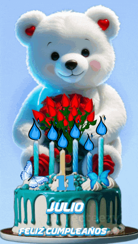 a teddy bear is holding a bouquet of red roses in front of a cake that says julio feliz cumpleanos