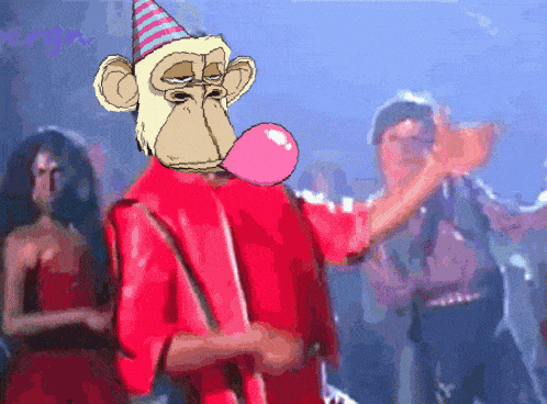 a pixel art of a monkey blowing a pink bubble