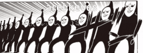 a black and white drawing of a group of people standing in a row with the words arel keves above them