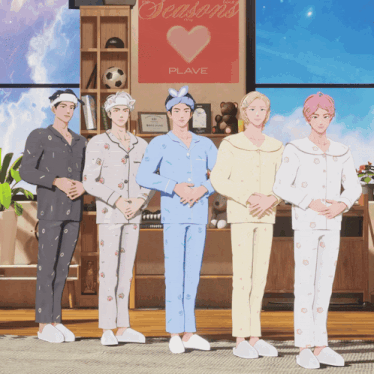 five men in pajamas stand in front of a poster that says " plave "