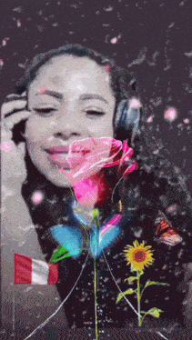 a woman wearing headphones surrounded by flowers and a flag
