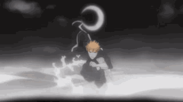 a black and white drawing of a person with a moon in the background .