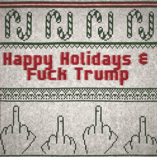 a knitted sweater says happy holidays fuck trump