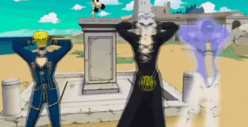 a couple of cartoon characters standing next to each other with their hands behind their head .