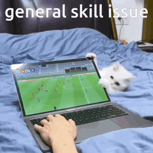 a person is typing on a laptop while a cat watches the game