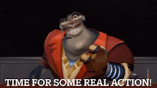 a cartoon character is pointing at the camera with the words time for some real action below him