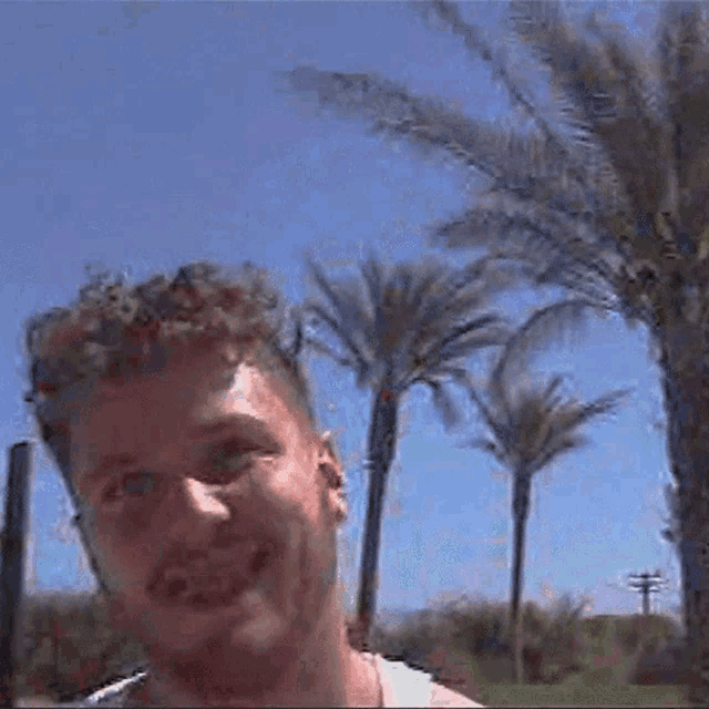 a man standing in front of palm trees with a blue sky in the background