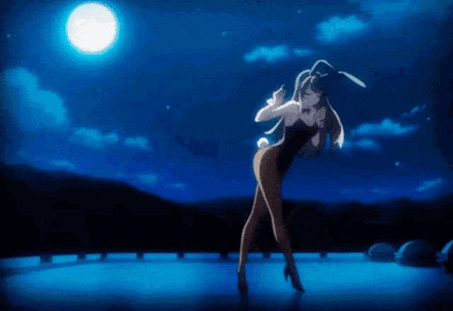 a woman in a bunny suit is dancing in front of a full moon