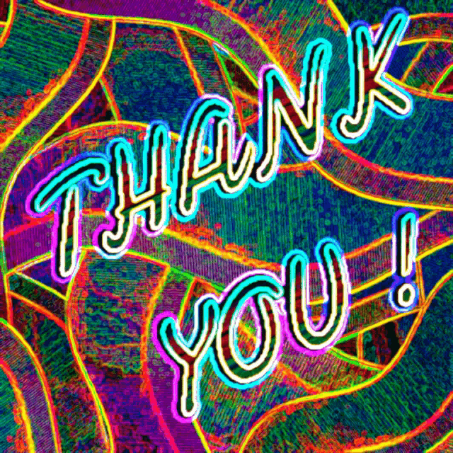 a neon sign that says thank you on a multicolored background