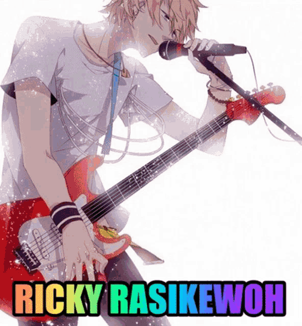 a man singing into a microphone while holding a guitar with the name ricky rasikewoh on the bottom