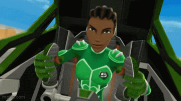 a cartoon character is sitting in the driver 's seat of a green car .