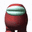 a red among us character with a green mask on his face is standing on a white background .