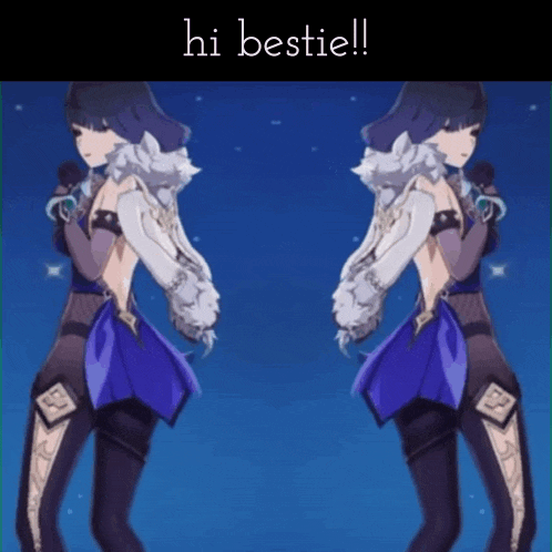two anime girls are standing next to each other with the words hi bestie on the bottom