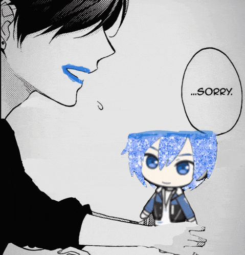 a black and white drawing of a man and a girl with a speech bubble that says sorry