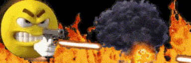 a cartoon smiley face is holding a gun in front of a fire .