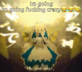 a girl in a blue and white dress with the words im going im going fucking crazy oh god why