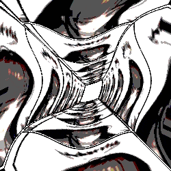 a black and white drawing of a spider web with a fork in the middle