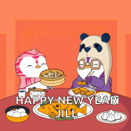 a panda and a penguin are sitting at a table with plates of food and the words happy new year jill below them