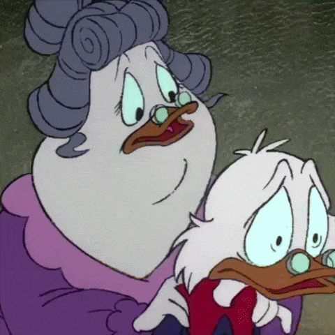 a cartoon of a woman and a duck with a sad look on their faces