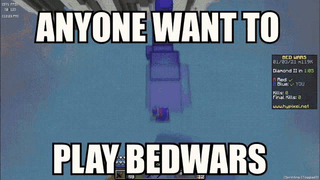 a screenshot of a video game that says " anyone want to play bed wars "