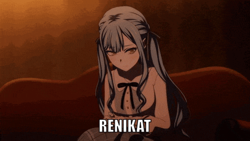two anime girls are standing next to each other and the word rekikat is on the bottom right