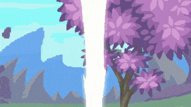 a pixel art of a tree with purple flowers and a mountain in the background
