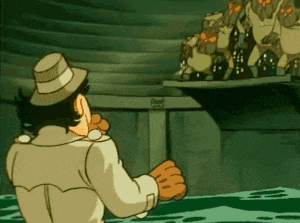 a cartoon character in a trench coat and hat is standing in the water