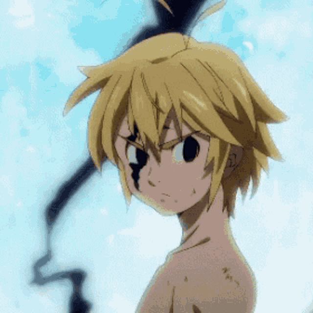 a shirtless anime character with yellow hair and black eyes is looking at the camera with a blue sky in the background .