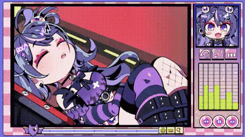 a pixel art illustration of a girl with purple hair laying down on a bed .