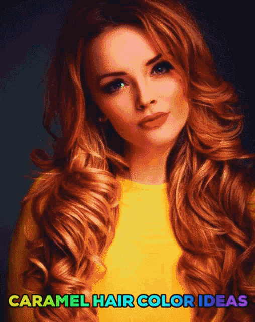 a woman with caramel hair color ideas written on the bottom
