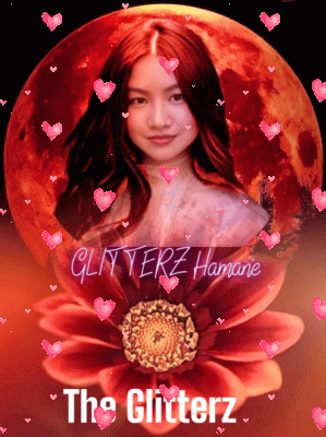 a girl is surrounded by hearts and the words glitterz hamane the glitterz
