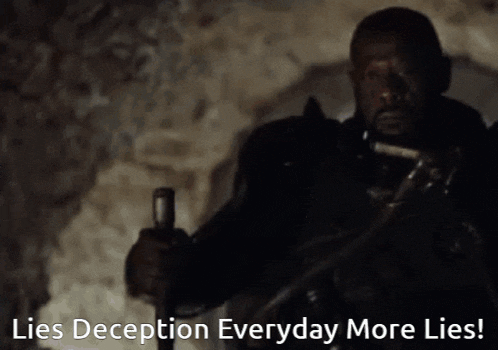 a man holding a cane with the words lies deception everyday more lies behind him