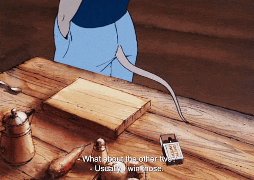 a cartoon of a mouse with the words " what about the other two usually win those "