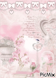 a pink and white valentine 's day greeting card with picmix written at the bottom