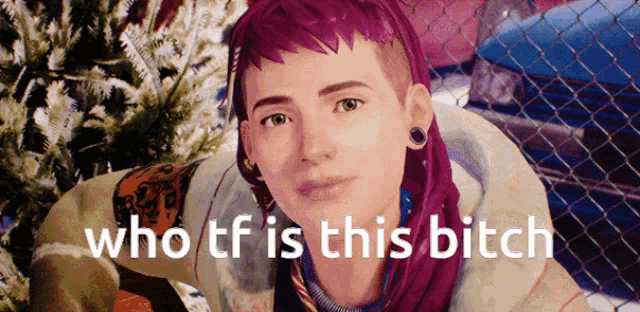 a girl with purple hair is standing in front of a chain link fence with the words who tf is this bitch below her