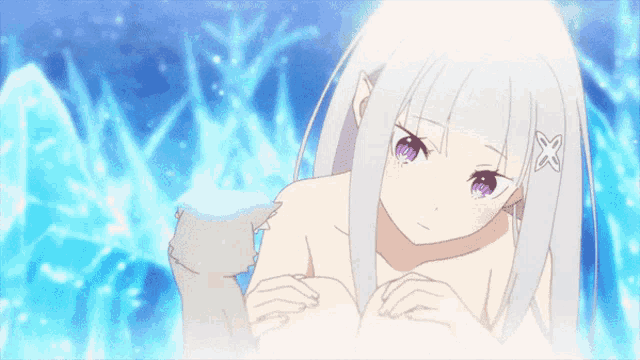 a naked anime girl with white hair and purple eyes is holding a bottle of water
