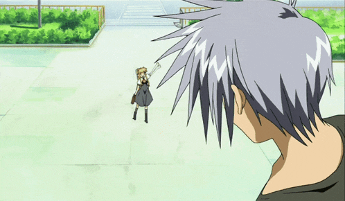a person with gray hair is looking at a girl