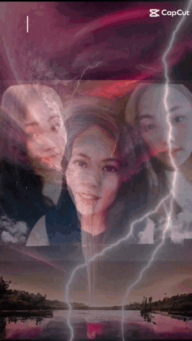 a collage of three women with a lightning bolt in the background