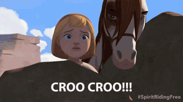 a cartoon of a girl standing next to a horse with the words croo croo on the bottom