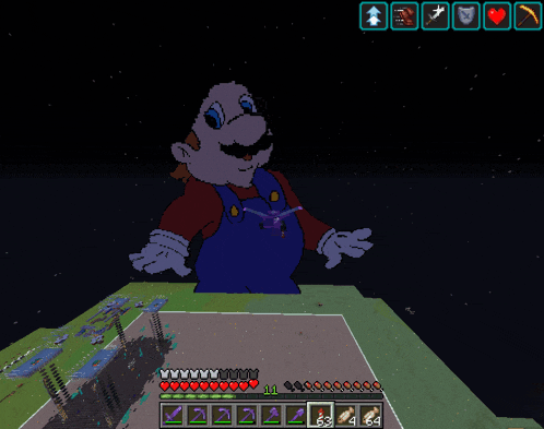 a video game screen shows a giant mario standing on top of a field