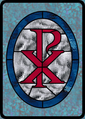 a stained glass window with a red letter r in a blue circle