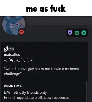 a screenshot of a person 's profile on a discord server with the words `` me as fuck '' written on it .