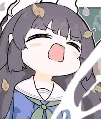 a cartoon of a girl with leaves on her head and a tear coming out of her mouth .