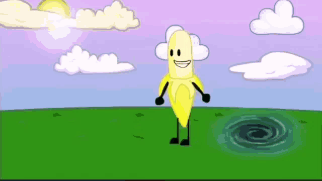a cartoon banana with arms and legs is standing in a field .